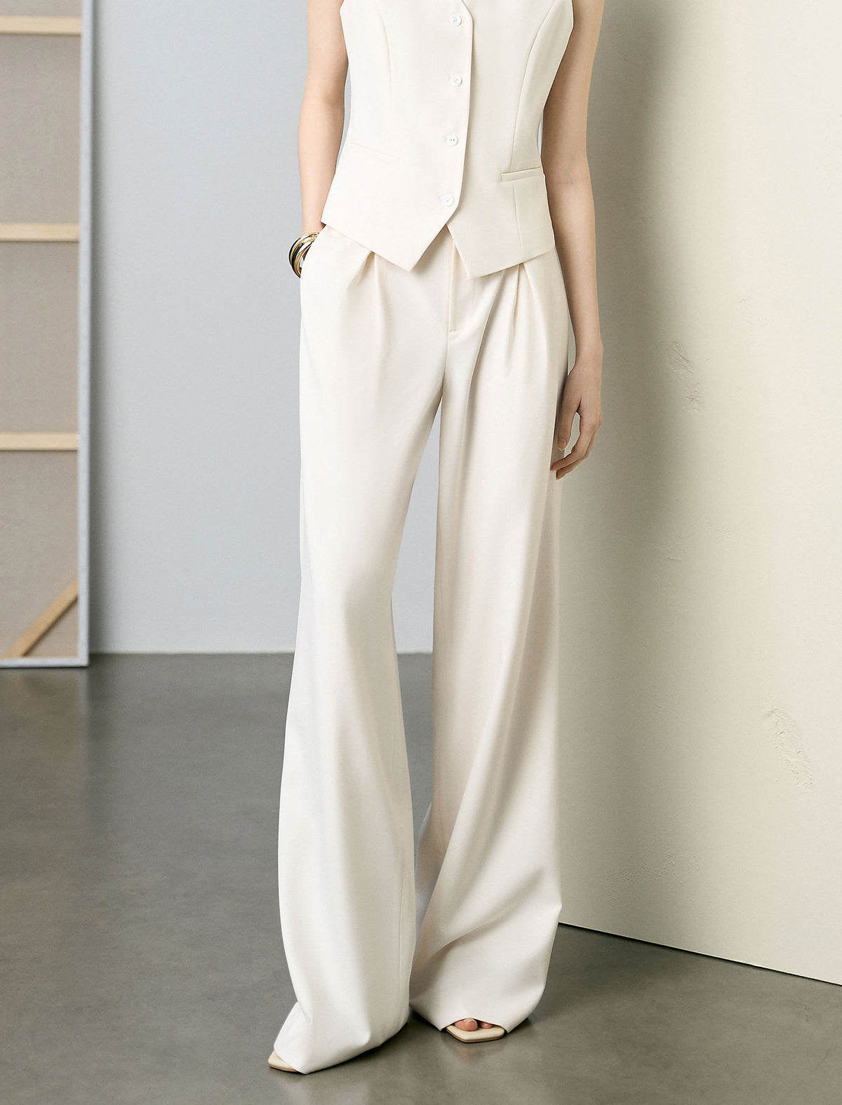 High Waist Pleated Wide Leg White Dress Pants