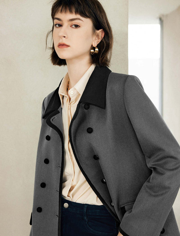 Contrast-Trim Double-Breasted Trench Coat