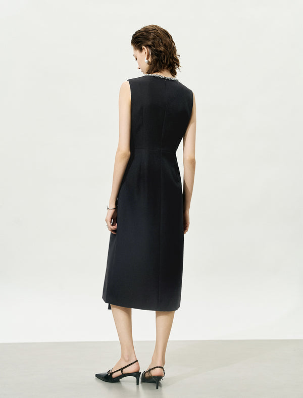 Embellished Neckline Asymmetric Midi Dress