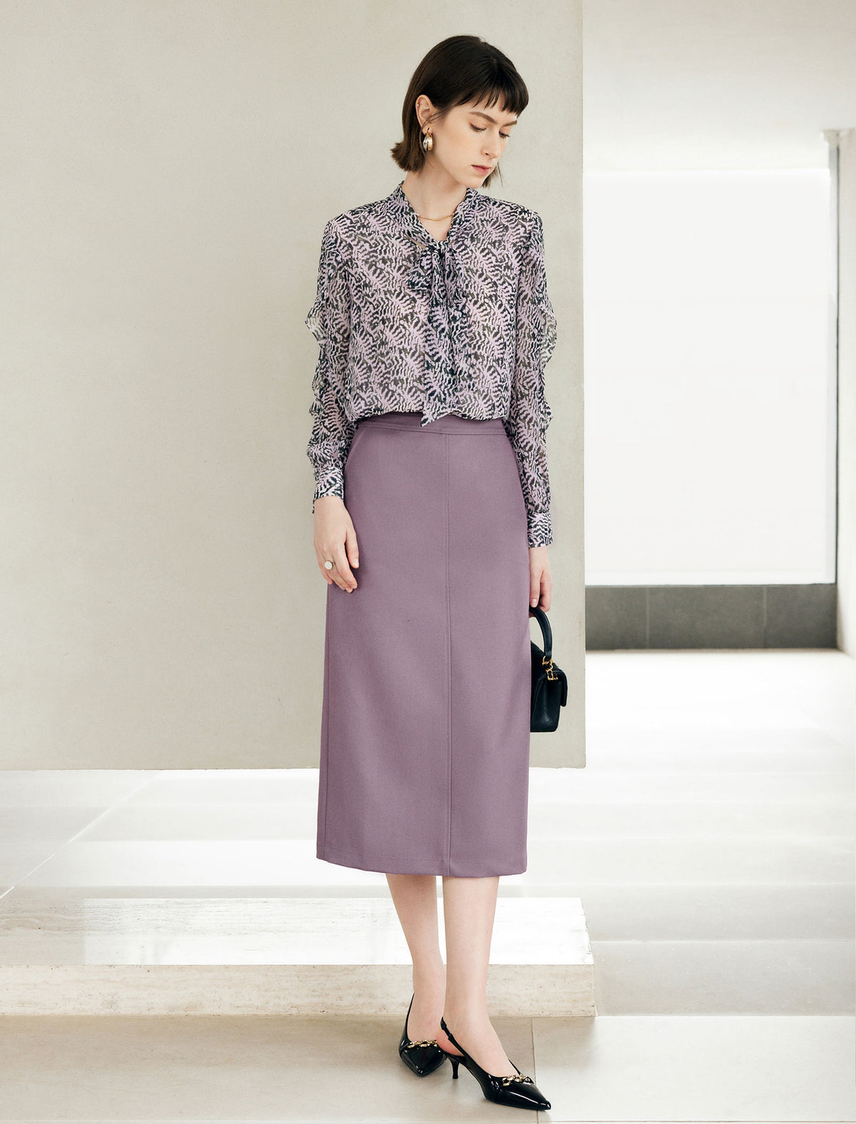 Solid High‑Waist A‑Line Midi Skirt