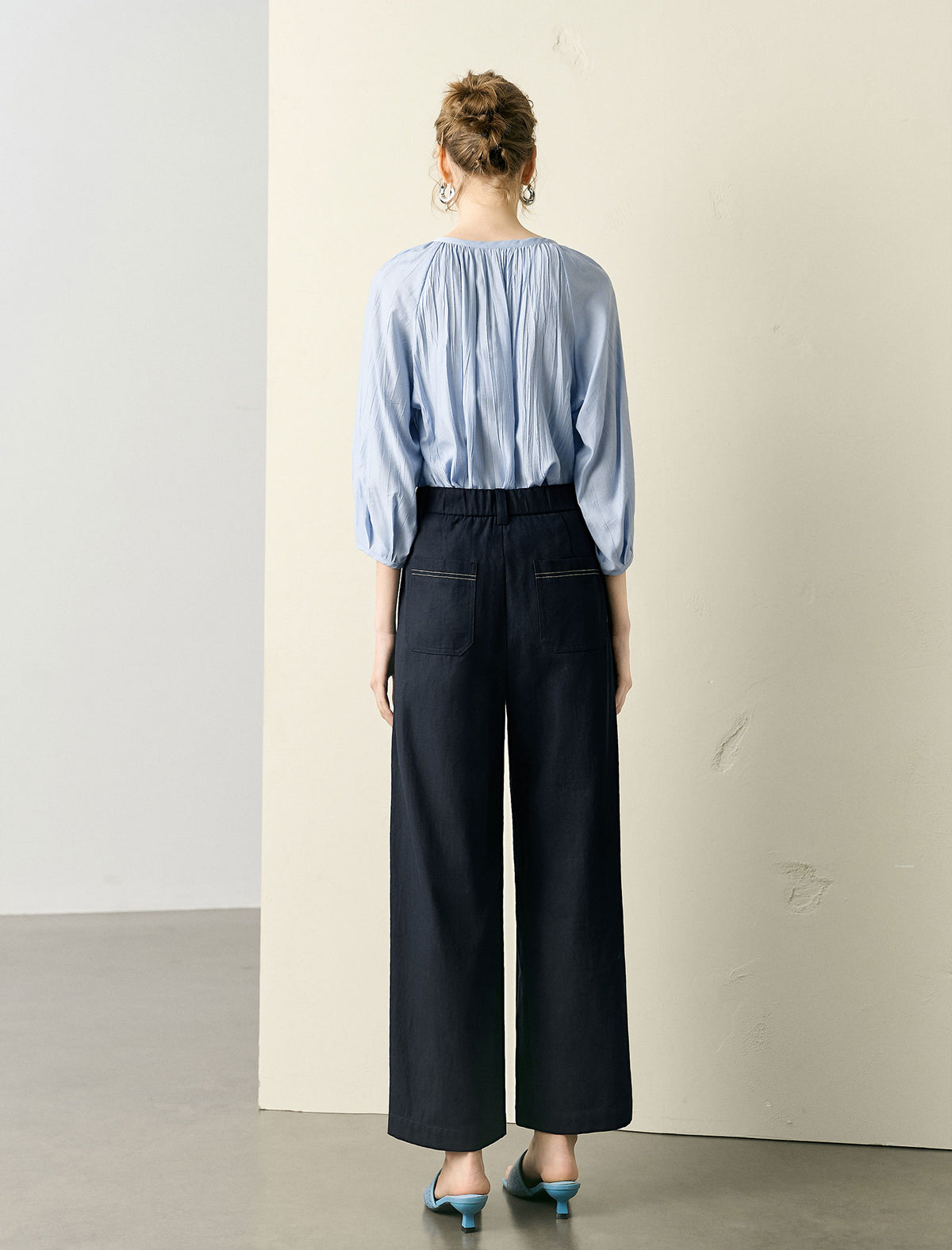 High Waisted Linen Blend Pleated Wide Leg Pants