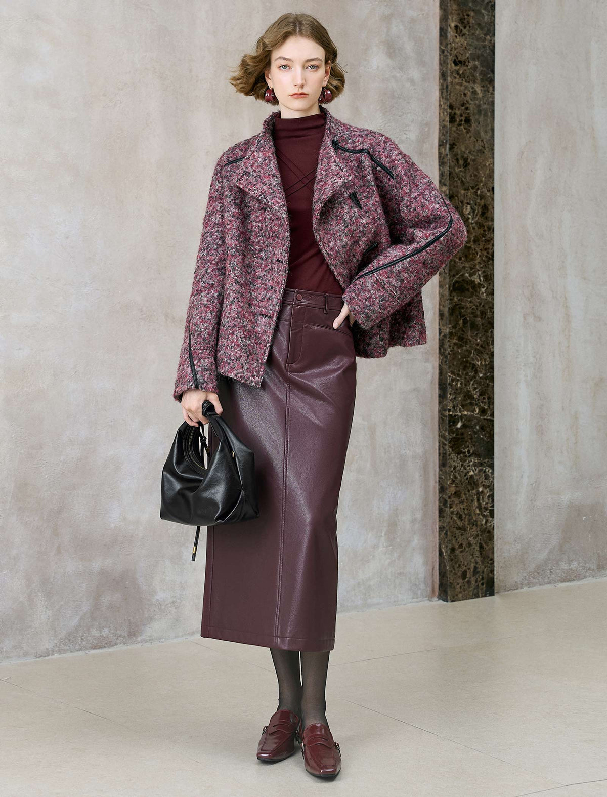 Wool-Blend Toggle Button Faux Leather Accents Jacket
