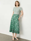 Sage Green Floral Leaf Lace High Waist A-Line Midi Skirt