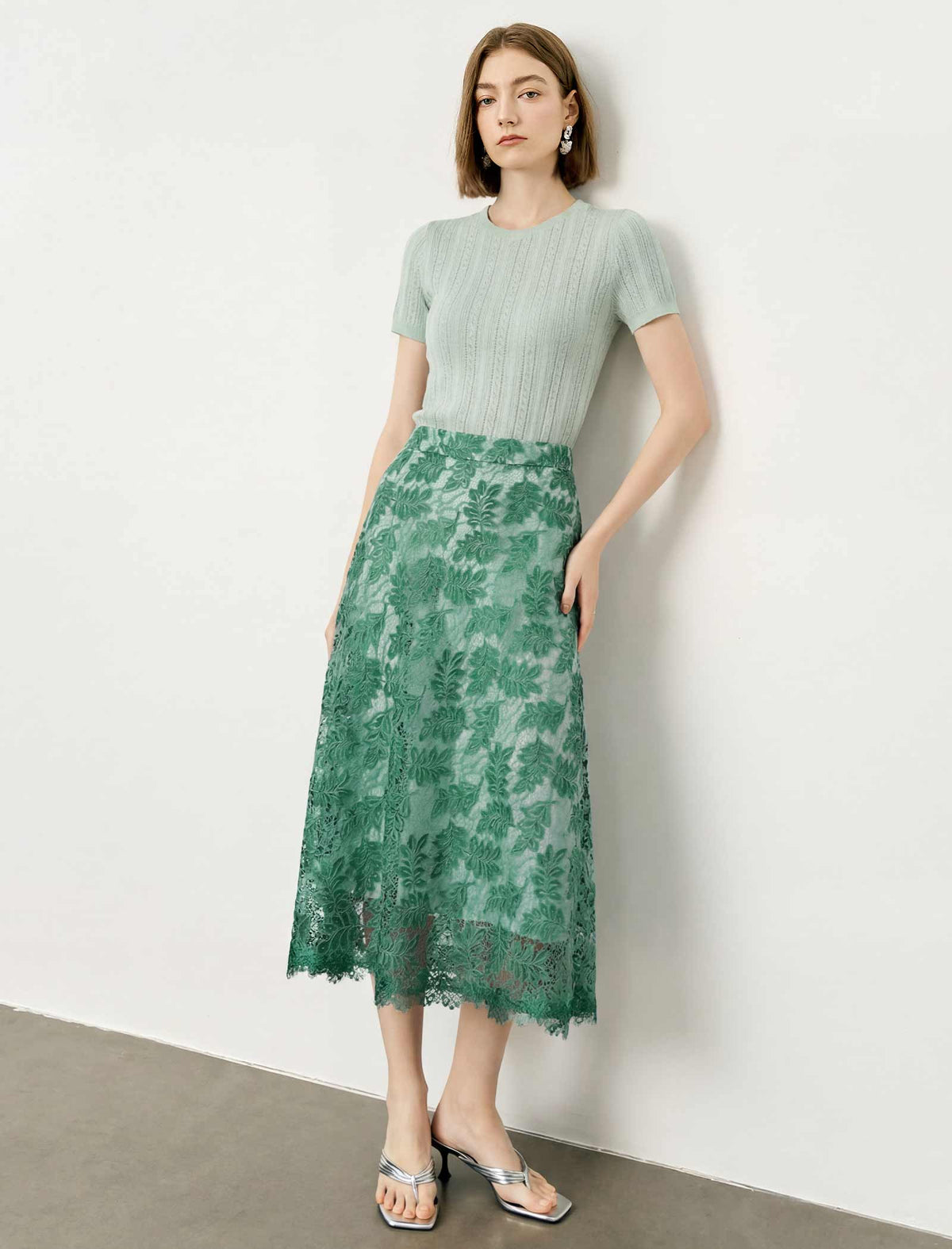 Sage Green Floral Leaf Lace High Waist A-Line Midi Skirt