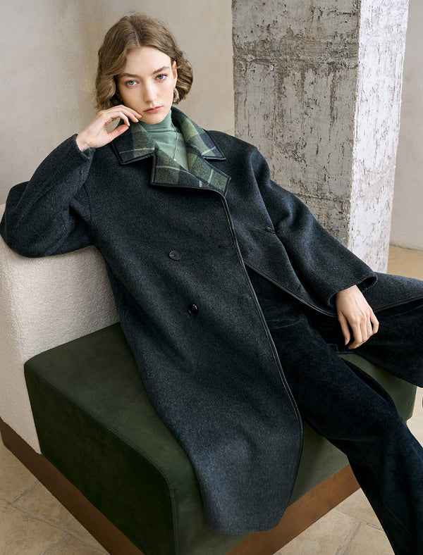 Reversible Plaid Wool-Blend Leather Trim Coat