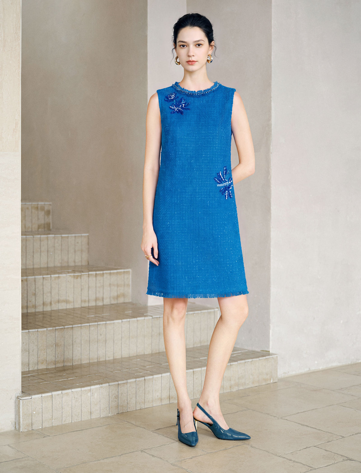 Cobalt blue wool blend featuring sequined floral dress
