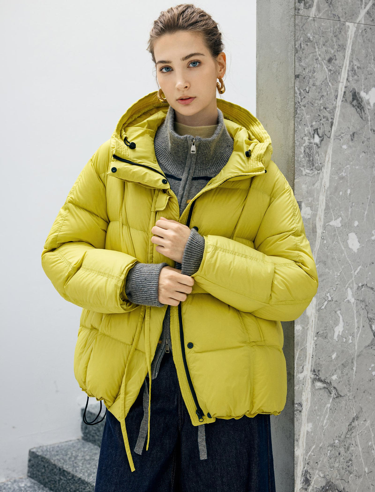 Hooded Dual-Drawstring Zip-Front Cropped Puffer Jacket