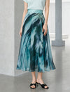 Green Blue Watercolor Print Chiffon Midi Skirt