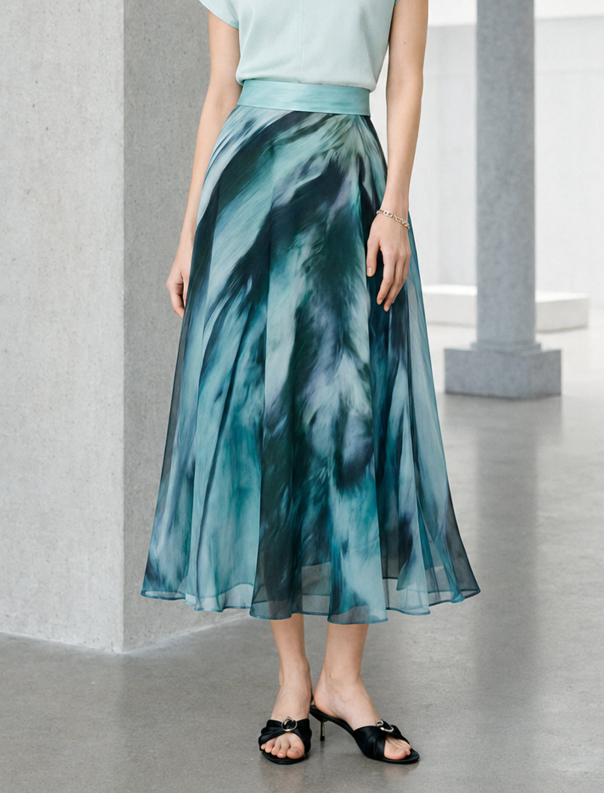 Green Blue Watercolor Print Chiffon Midi Skirt