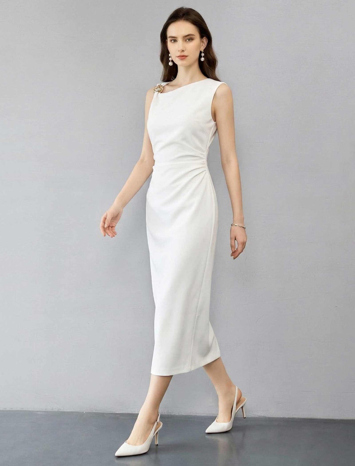 Asymmetric Ruched Metallic Detail Midi Dress