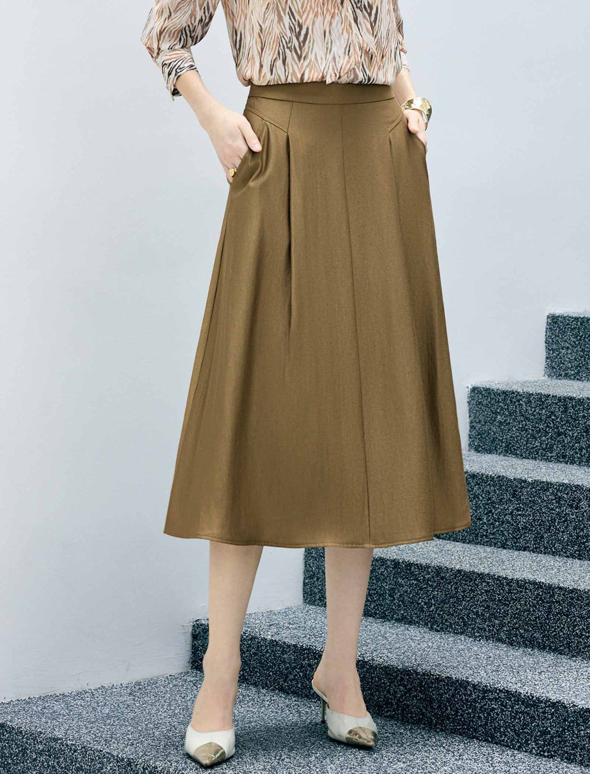 Pleated High Waist A-Line Midi Skirt