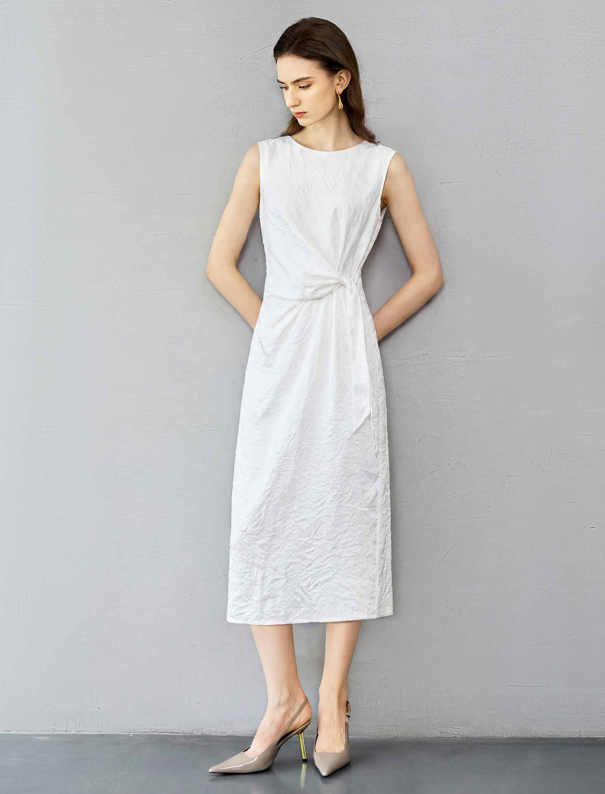 Boat Neck Twist Waist Sleeveless Midi Sheath Dress