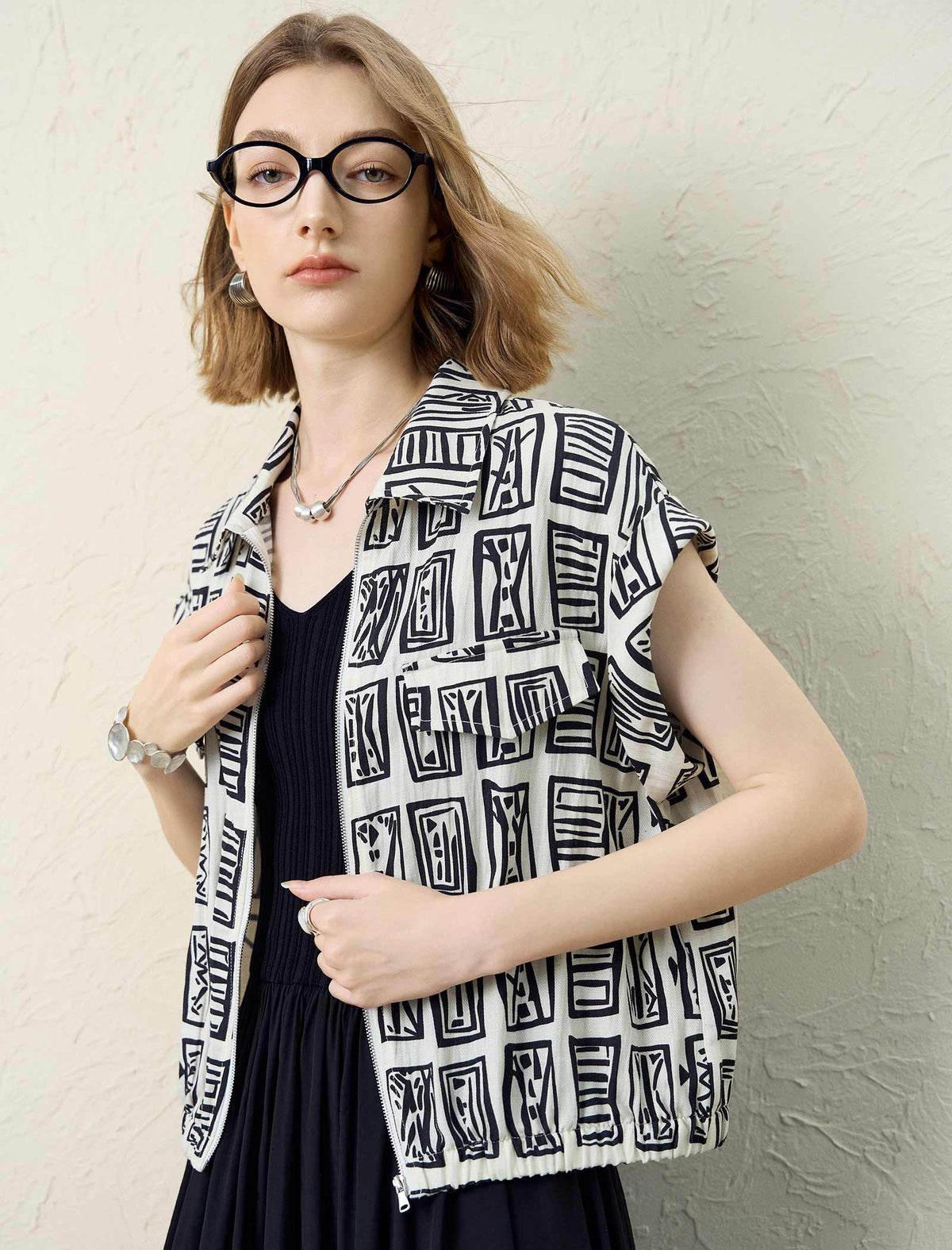 Graphic Print Tencel Linen Blend Zip Up Top