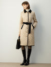 Velvet-Trim Collared Button-Front Belted Quilted Coat