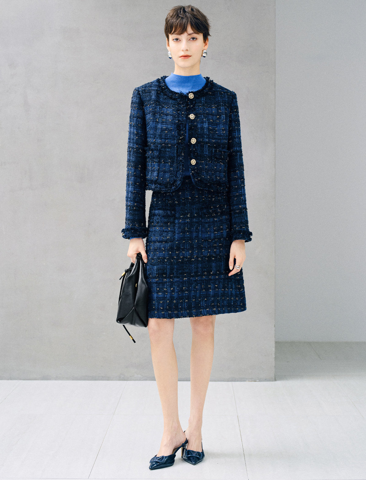 Metallic Thread Textured Round Neck Cropped Jacket