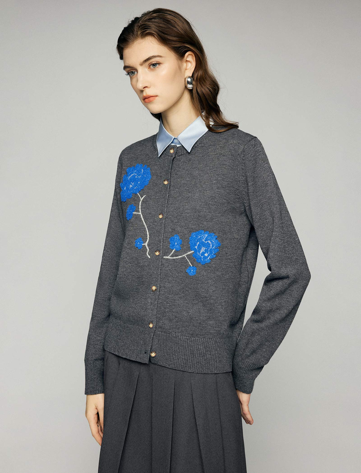 Wool Blend Floral Applique Crewneck Button-Front Cardigan