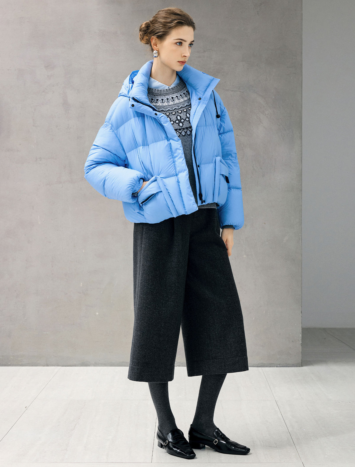 Hooded Drawstring Snap-Front Pocket Cropped Puffer Jacket