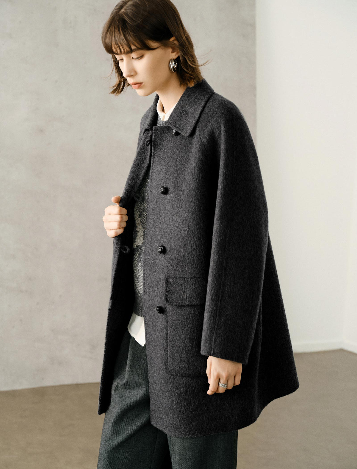 100% Wool Gray Double-Faced Lapel Mid-Length Coat