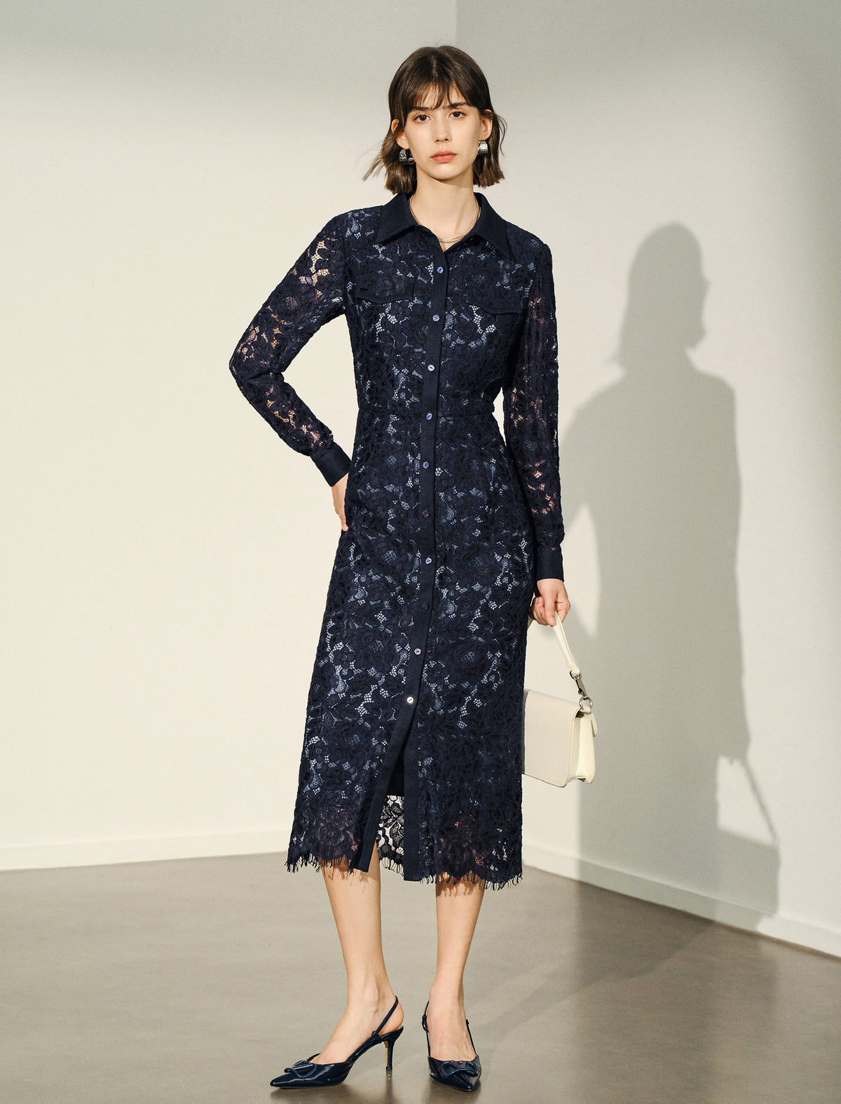 Navy Blue Lace Shirt Dress