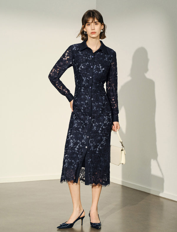 Navy Blue Lace Shirt Dress