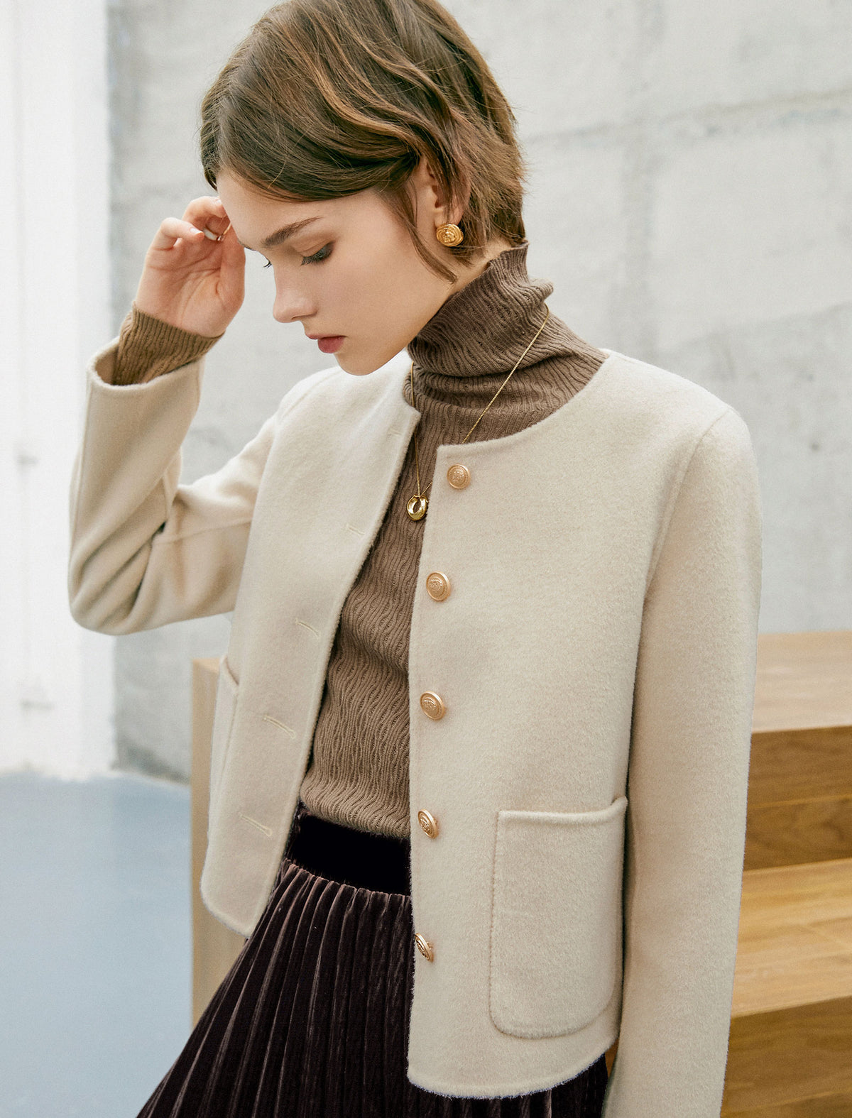 Wool Pocket Detail Cropped Coats