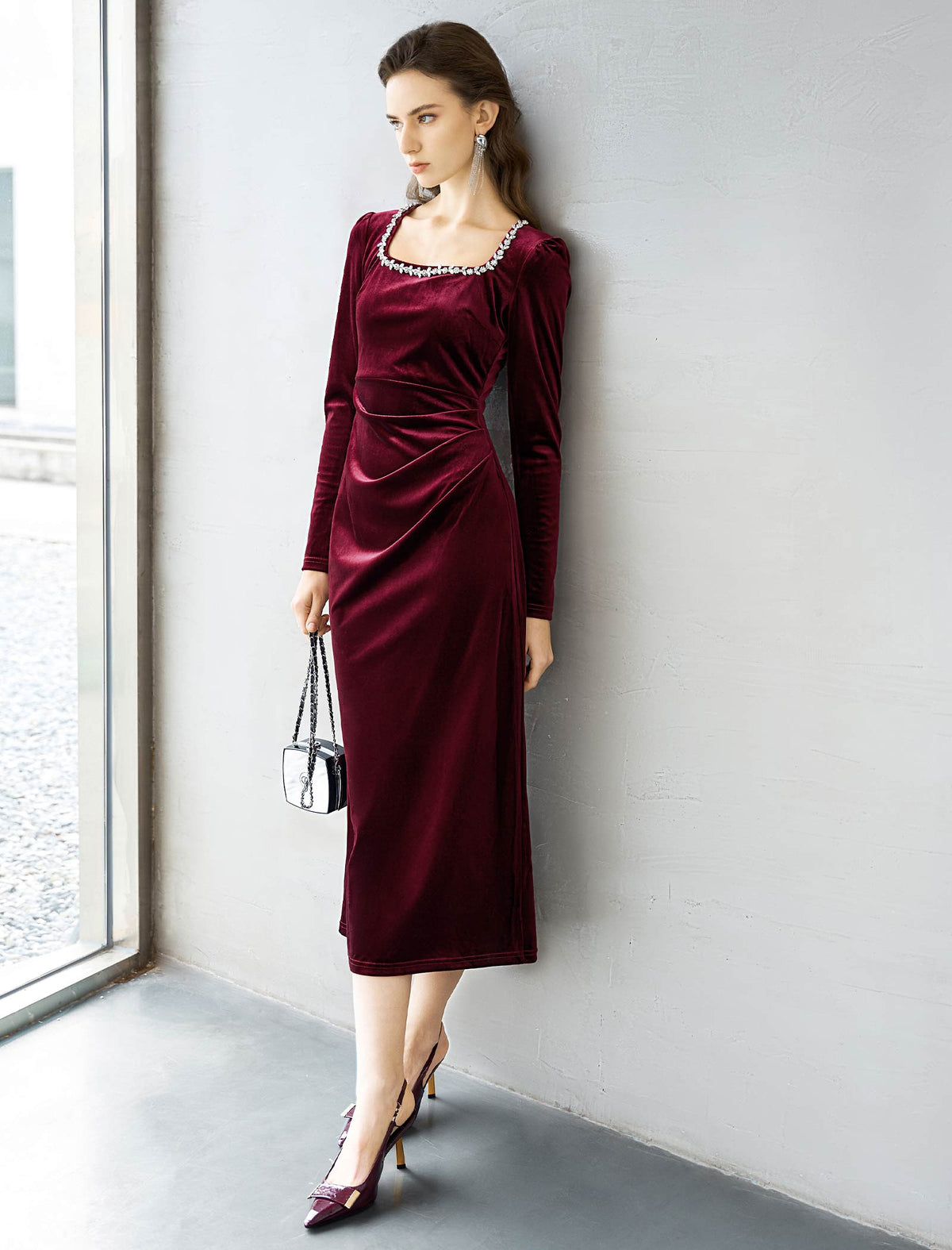 Burgundy Velvet Embellished Midi Dress
