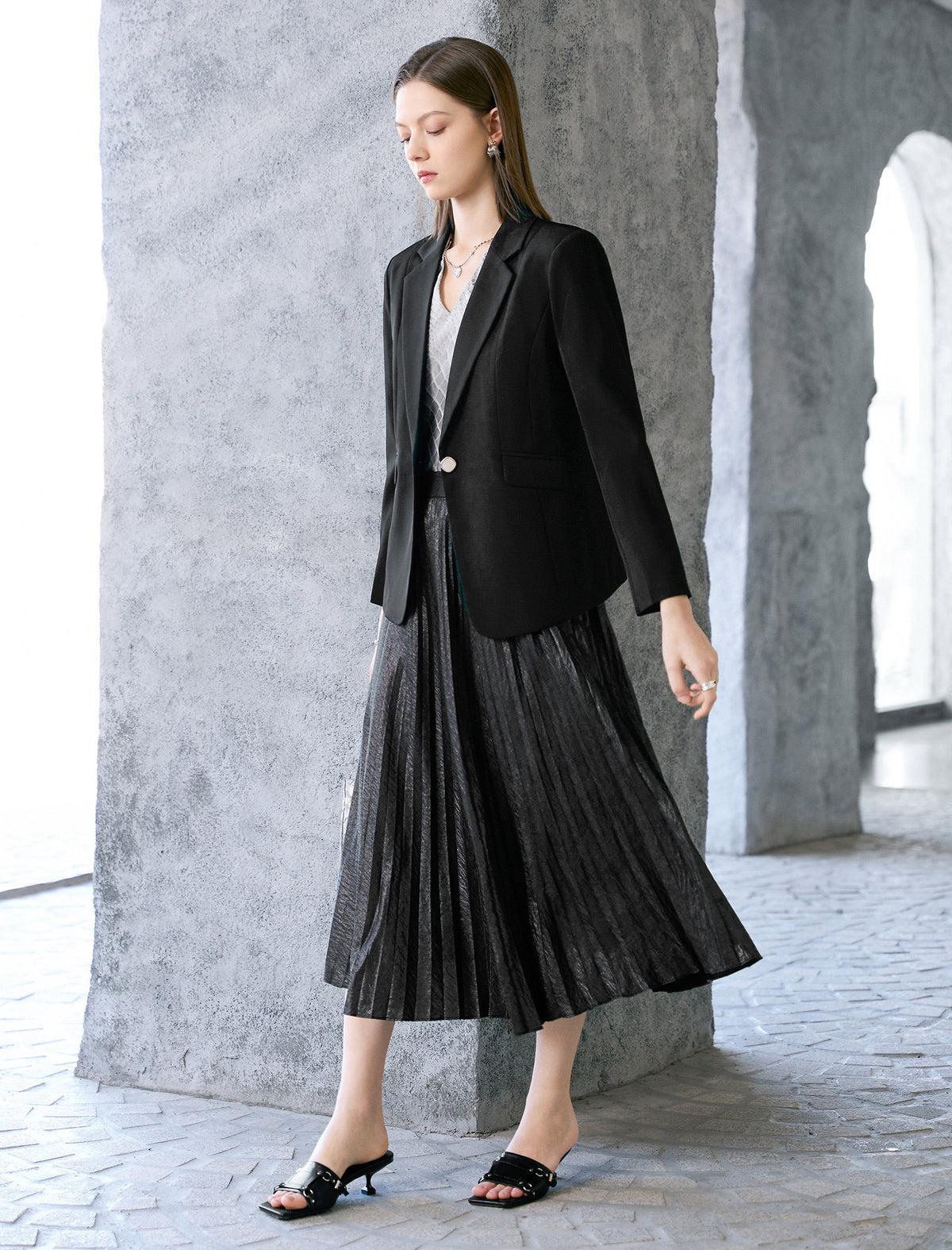 Black Metallic Pleated Midi Skirt