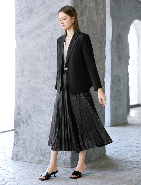 Black Metallic Pleated Midi Skirt