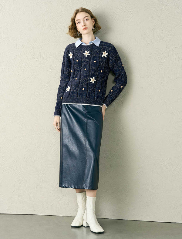 Floral Embroidered Contrast Trim Wool-Blend Sweater