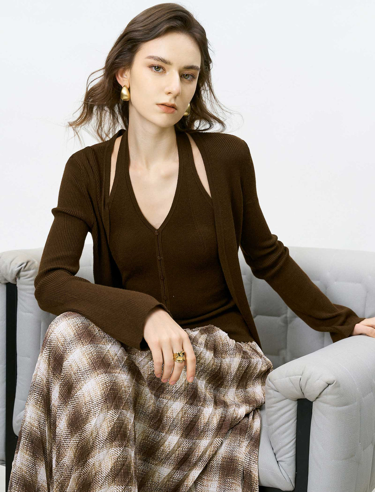 Brown Ribbed Knit Cardigan