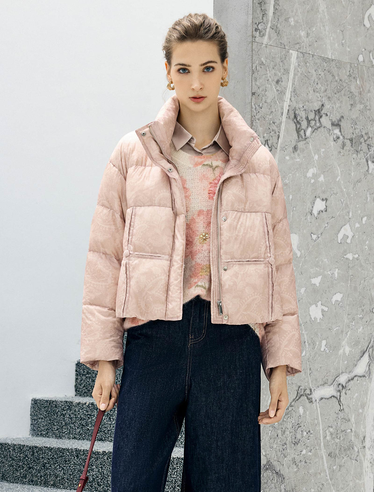 Textured Stand-Collar Zip-Front Pocket Cropped Puffer Jacket