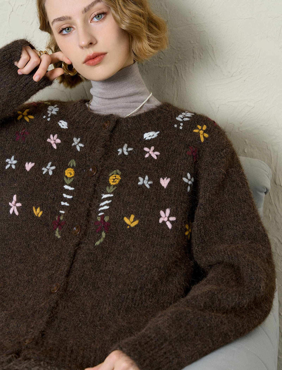 Chocolate Brown Floral Embroidered Cardigan