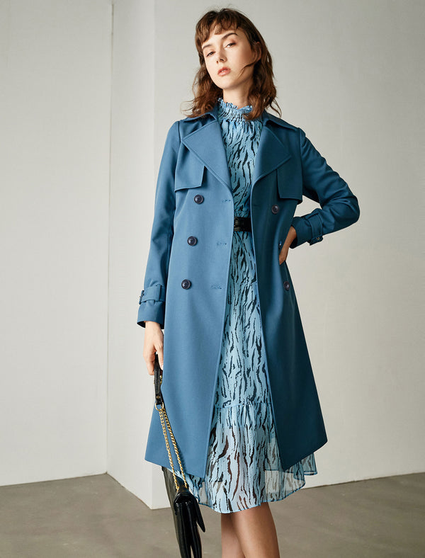 Blue Double-Breasted Trench Coat