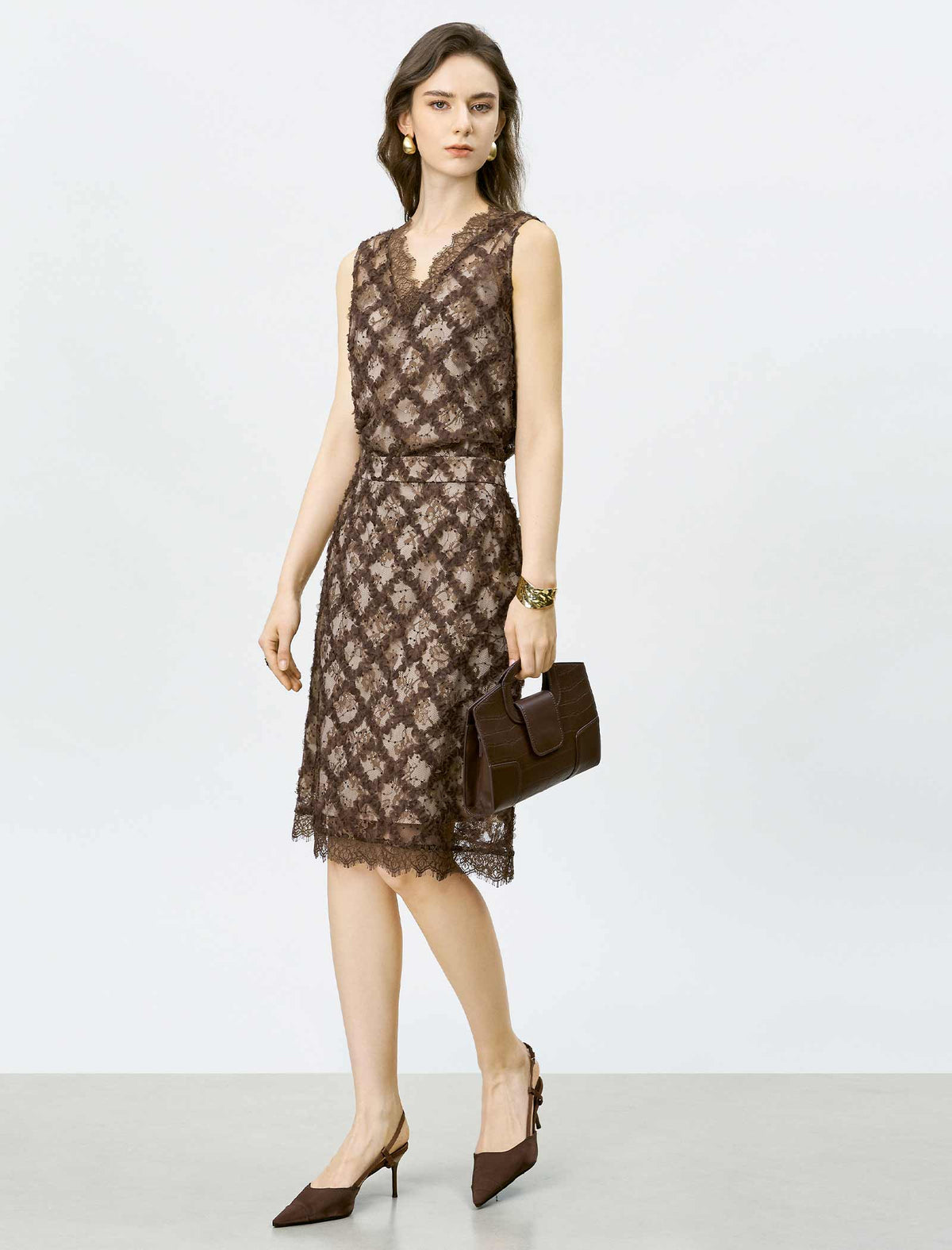 Brown Lace Embroidered Sleeveless Top