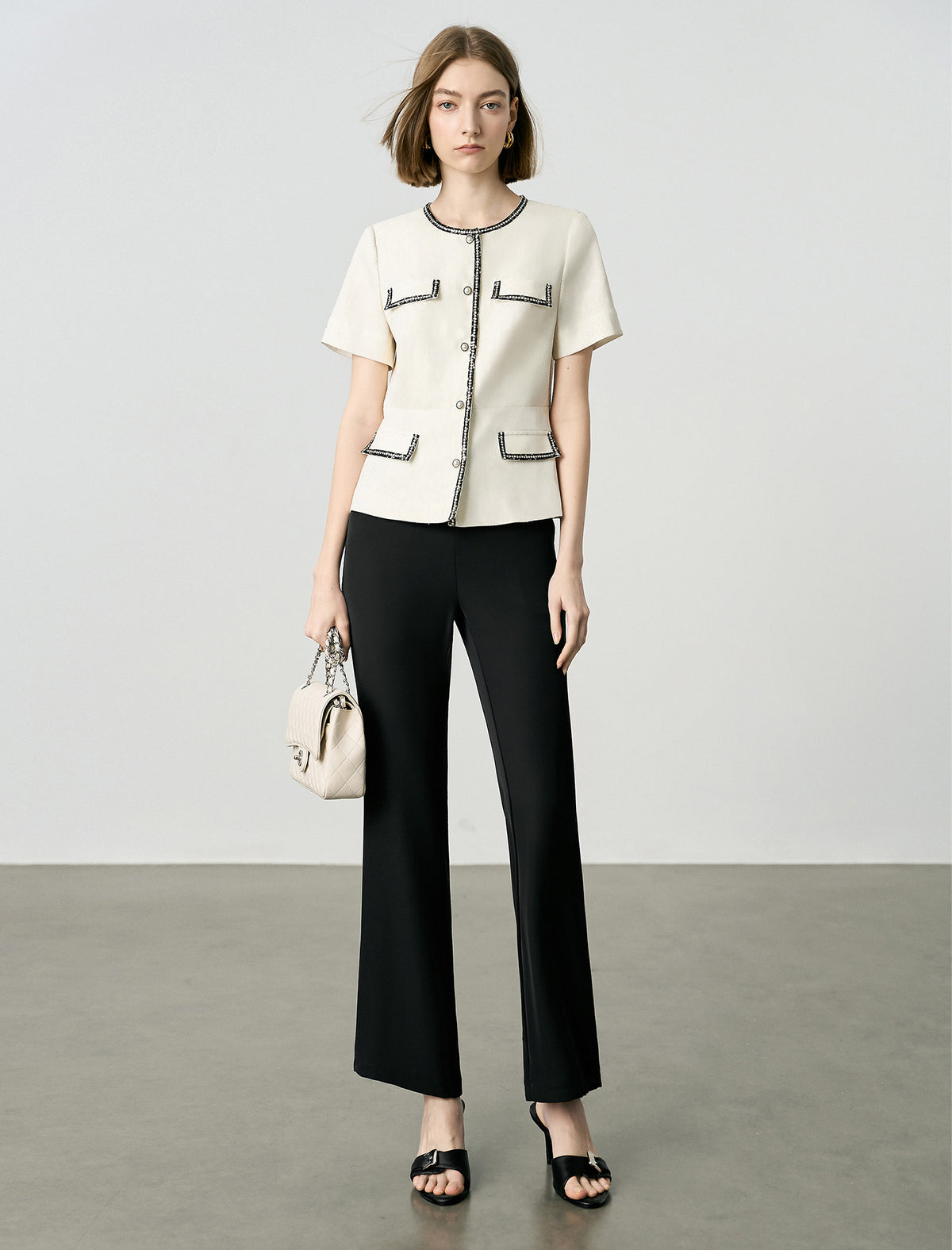 Elegant Black Trim Pearl Button Short Sleeve Jacket