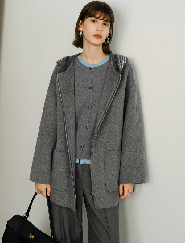 Grey 100% Wool Hooded Coat