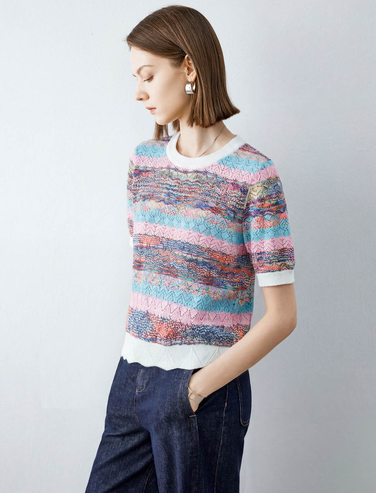 Multicolor Striped Short-Sleeve Knit Top