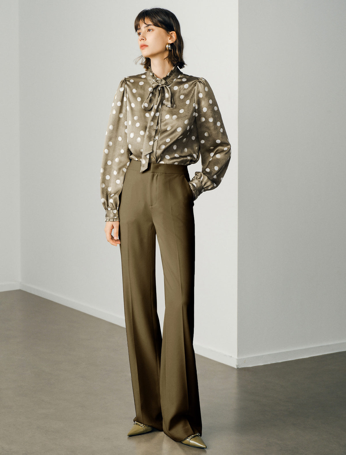 Ruffle Stand Collar Polka Dot Blouse with Self-Tie