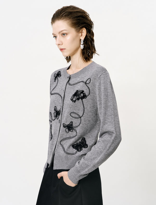 Gray Embroidered Loose Knit Cardigan