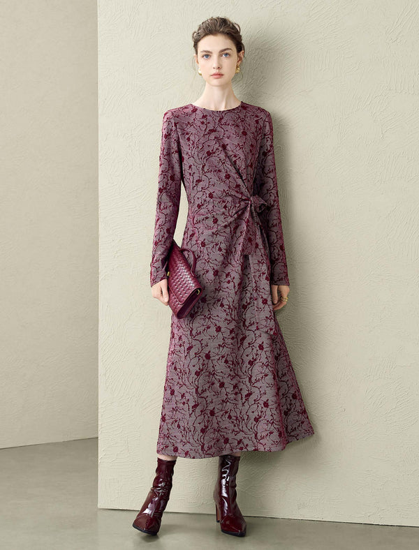 Burgundy Floral Print Midi Dress