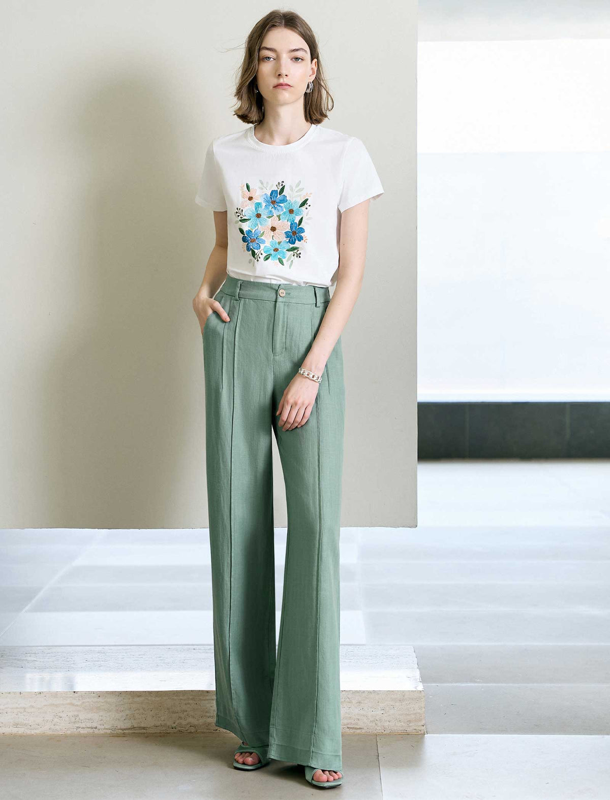 Sage Green Linen Blend High Waist Wide Leg Pants