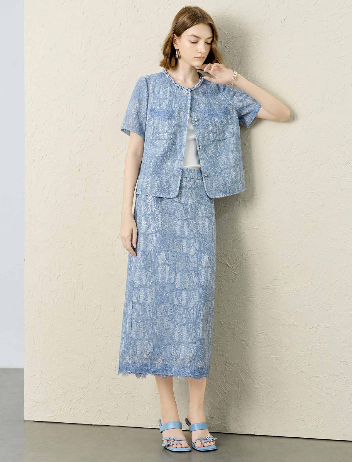 Light Blue Sequin Lace Midi Skirt