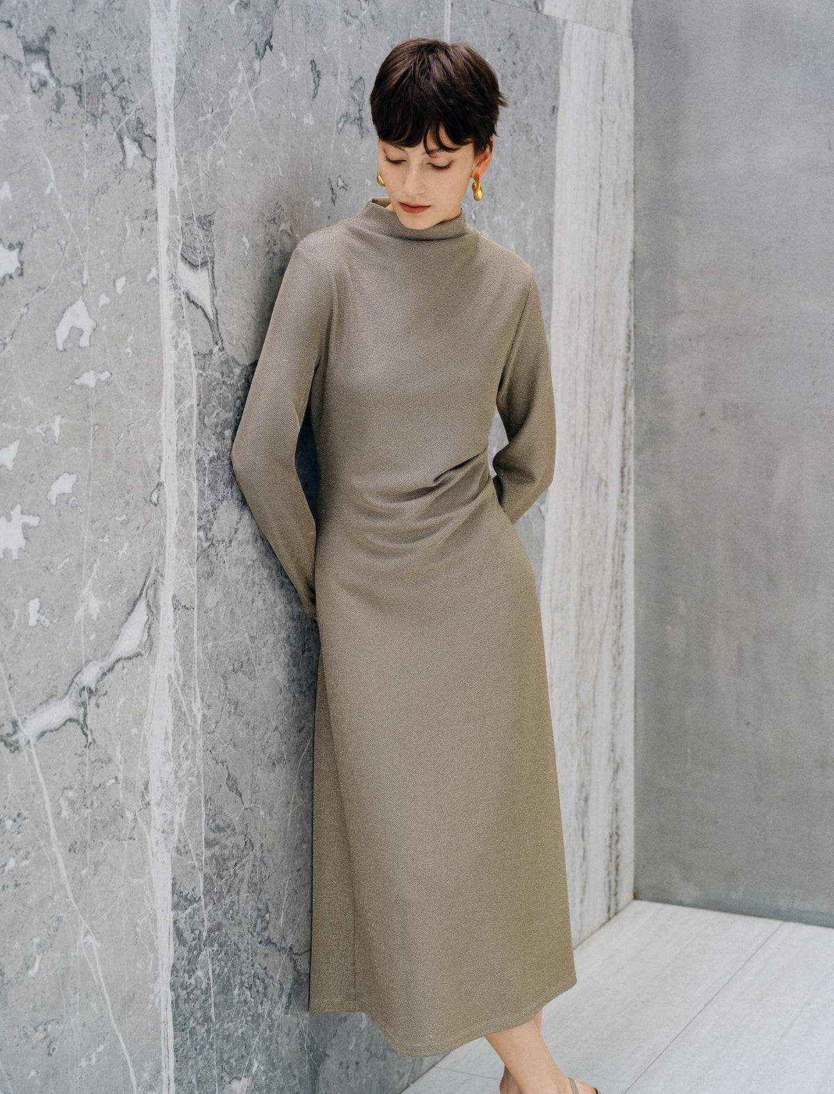 Solid Mock Neck Long Sleeve Midi Dress