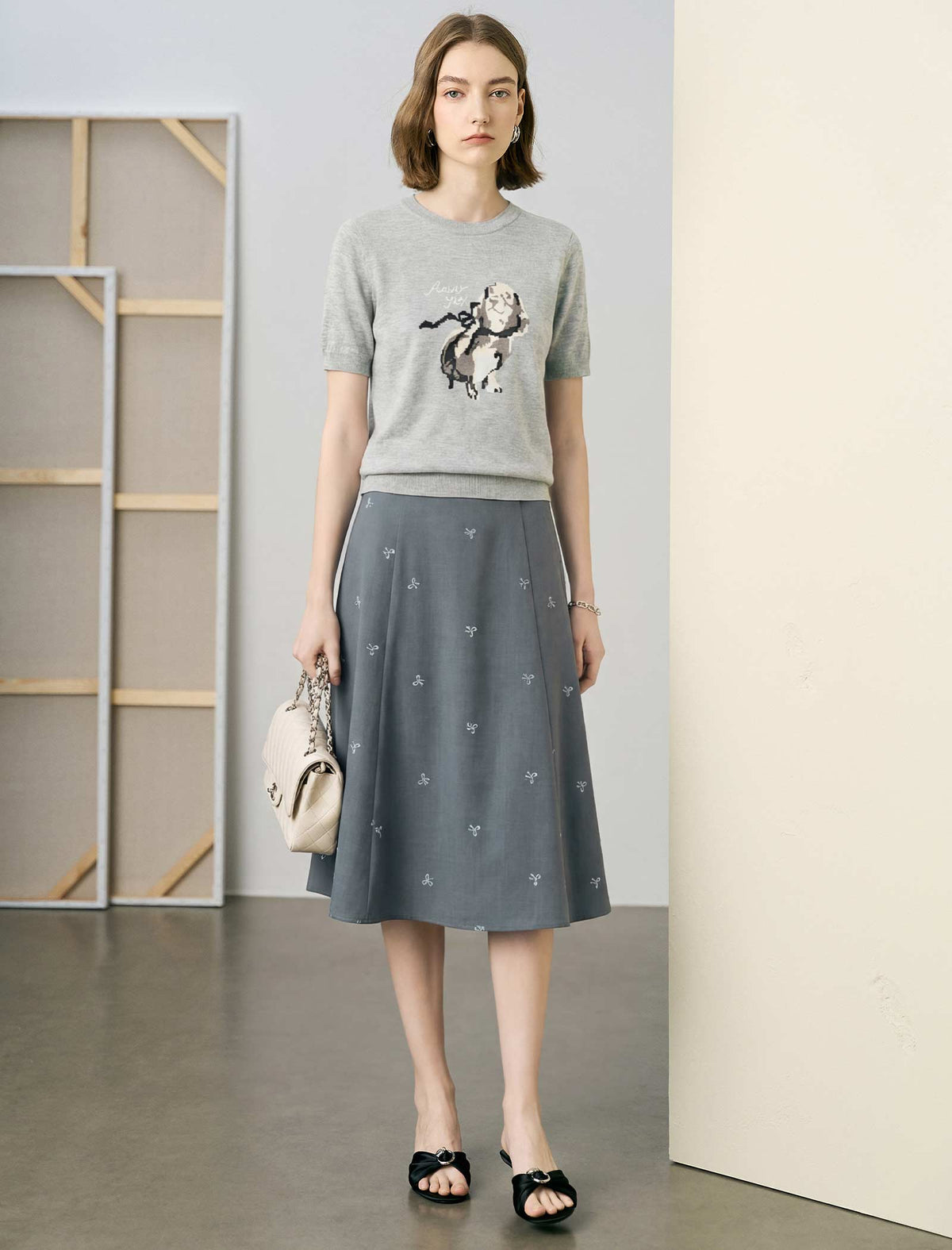 Grey Mini Bow Embroidery A-Line Midi Skirt