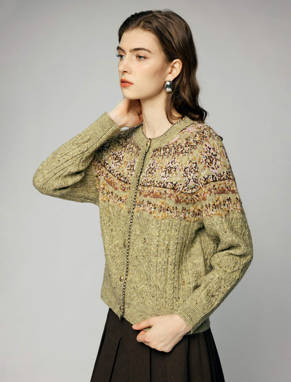 Wool Blend Fair Isle Cable-Knit Crewneck Button-Front Cardigan