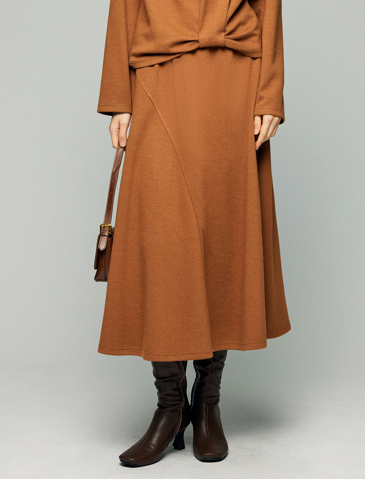 Wool Blend Elastic-Waist A-Line Midi Skirt