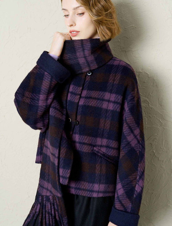 Plaid Wool-Alpaca Blend Detachable Scarf Collar Jacket