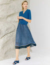 Blue Geometric Print Pleated Midi Skirt
