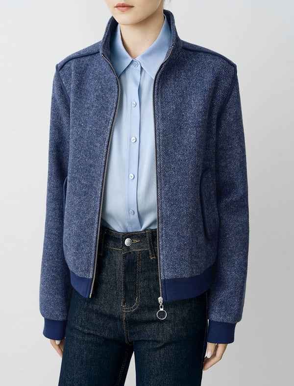 Blue Wool-Blend Zip-Up Jacket