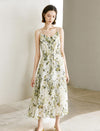 Green Floral Print Ruffled Sleeveless Midi Dress